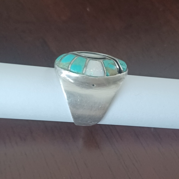 VINTAGE Hand Made:Native American Zuni Hummingbird Turquoise and Moon Stone Ring - Picture 5 of 7